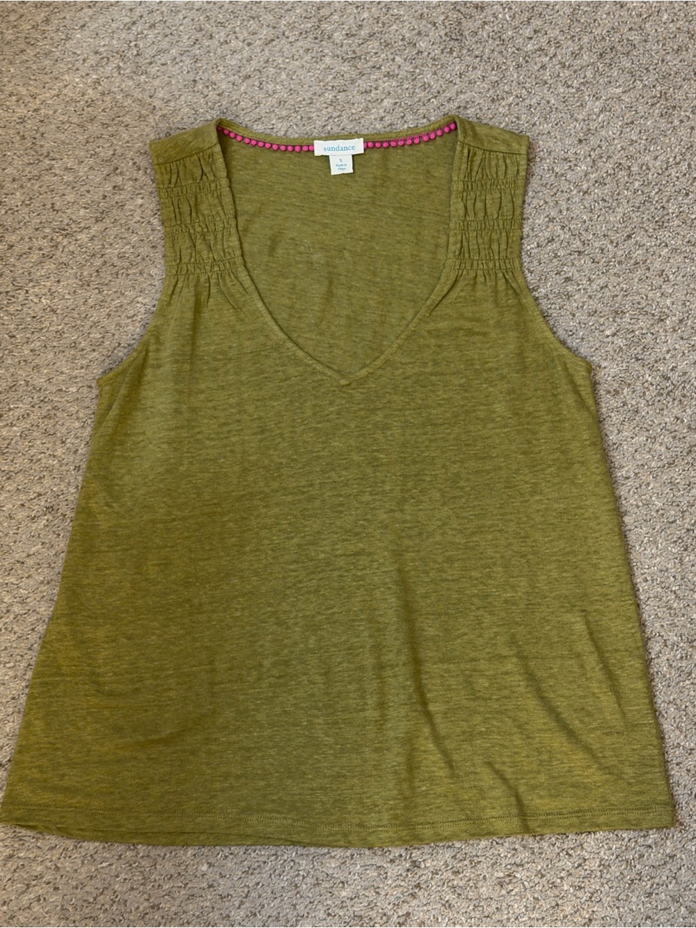 Sundance 100% Linen Tank Top Olive Green Sleeveless V Neck Casual Size Small